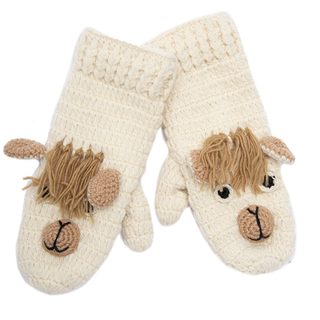 A pair of beige Handmade Crochet Pony Mittens with a cartoonish animal face design, featuring details like ears and tufts of wool yarn for hair, placed against a white background.
