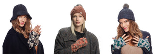 Three women wear winter hats and patterned fingerless gloves. Each is dressed in a coat or jacket and posed against a white background, looking at the camera.