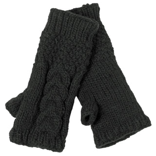 Cable Handwarmers: Black, knitted Merino wool fingerless gloves with a textured pattern and ribbed cuffs, laid flat on a white background—perfect winter accessories for women wanting both warmth and style.