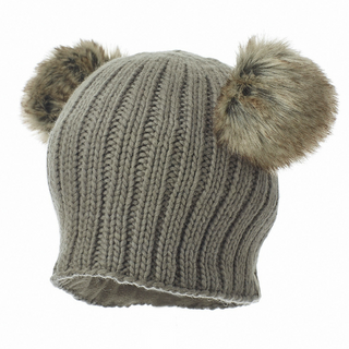 A gray wool Double Pom Beanie with two faux fur poms attached at the top.