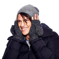 A smiling person wearing a gray beanie, dark winter coat, and Hand Knit Fingerless Gloves With Button Flap and Fleece Lining, holding their gloved hands to their face against a white background.