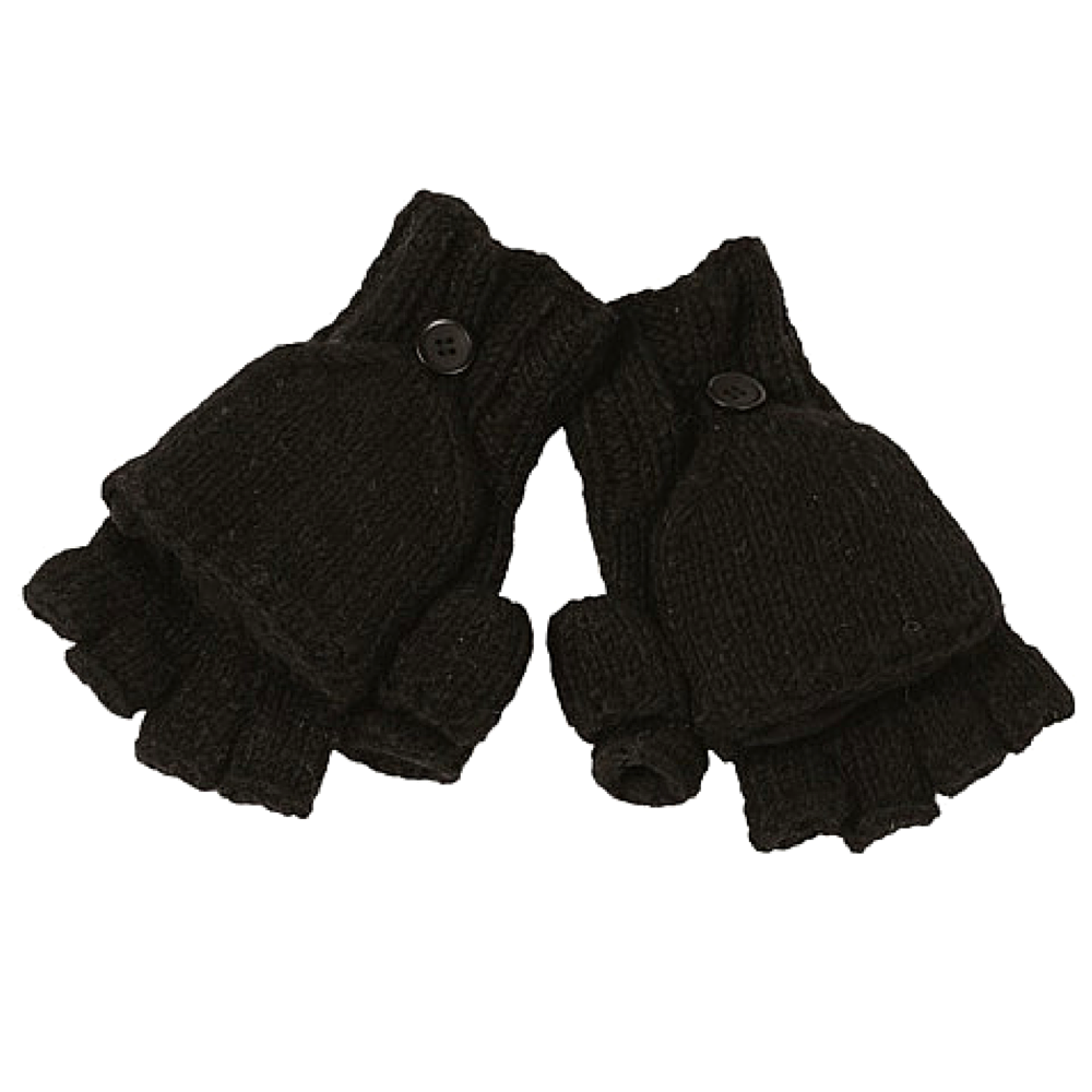 A pair of black hand-knit fingerless gloves, featuring button flaps and a cozy fleece lining. These gloves have open fingertips with attached flaps that can be pulled over to convert them into wool mittens.