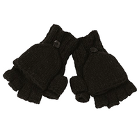 A pair of black hand-knit fingerless gloves, featuring button flaps and a cozy fleece lining. These gloves have open fingertips with attached flaps that can be pulled over to convert them into wool mittens.