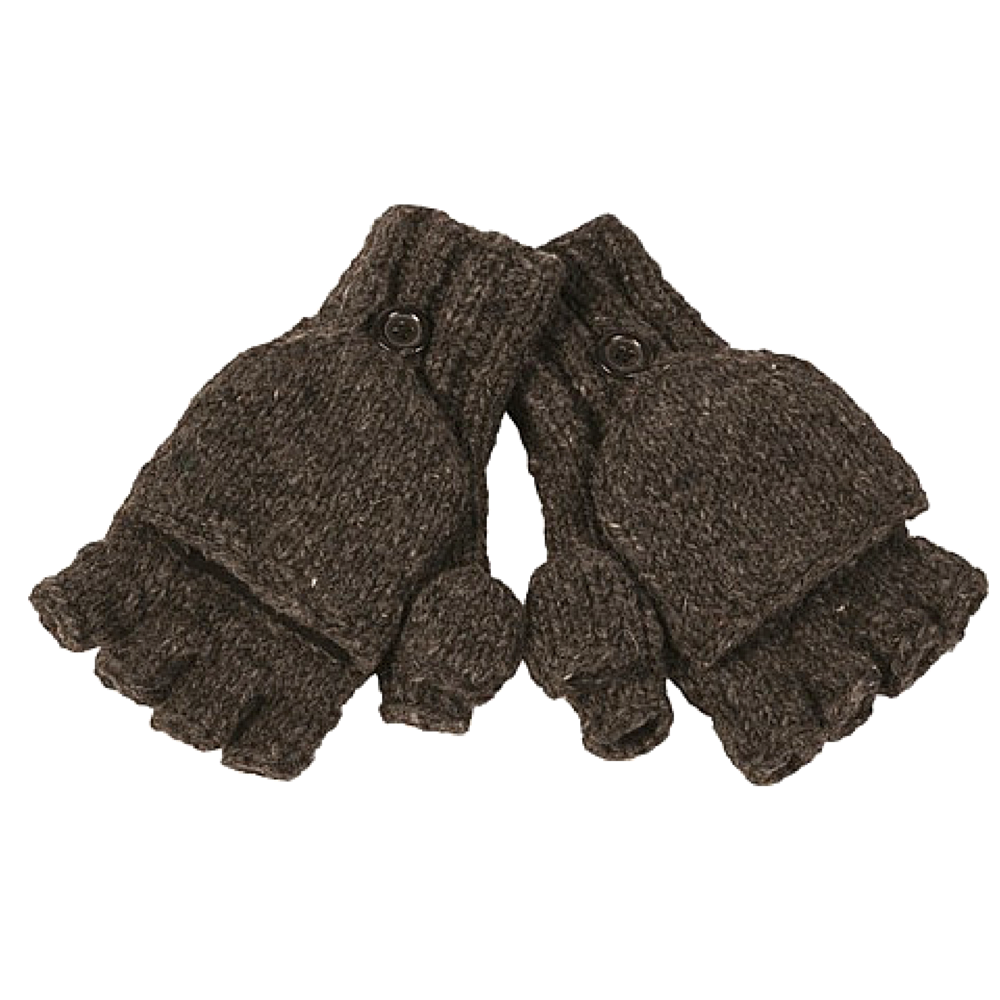 A pair of Hand Knit Fingerless Gloves With Button Flap and Fleece Lining, shown in dark gray. These expertly crafted gloves feature attached mitten flaps secured by buttons and are displayed laid flat on a white background.