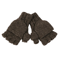A pair of Hand Knit Fingerless Gloves With Button Flap and Fleece Lining, shown in dark gray. These expertly crafted gloves feature attached mitten flaps secured by buttons and are displayed laid flat on a white background.