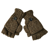 A pair of Hand Knit Fingerless Gloves With Button Flap and Fleece Lining in brown, featuring black buttons on the backs and displayed on a white background.