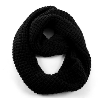 A black handmade Double Wide Infinity Scarf on a white background.