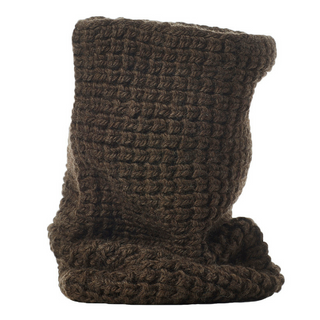 Sentence with product name: A brown, knitted, cylindrical item, possibly a sleeve or leg warmer, displayed on a white background. It features a Popcorn Snood design.