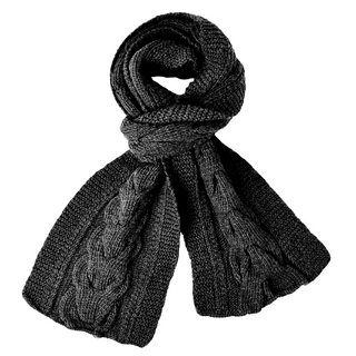 A black Lucky Knit Scarf with tassels on a white background.