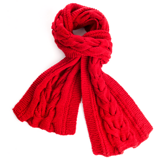 A red Lucky Knit Scarf with a cable pattern on a white background.