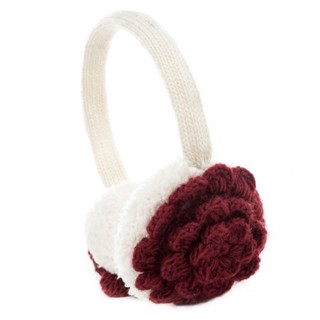 A burgundy and white crocheted Camellia Earmuff with faux fur.