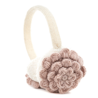 A pair of Camellia Earmuffs with flowers on them, made from warm wool.