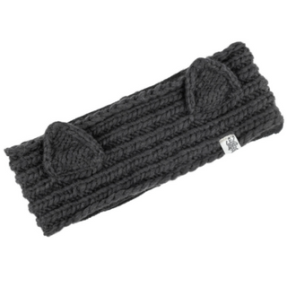Knitted gray wool Kit Kat headband with a bow detail and a small label on the side.