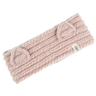 A pink knitted Kit Kat Headband with a cable-knit design and kitty ear accents, plus a small label attached to one edge.