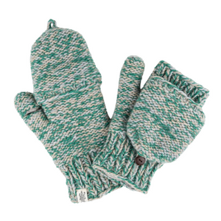 A pair of Bedford Fingerless Gloves with flap, handmade in Nepal, with a button detail on the wrist.