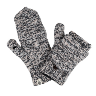A pair of Bedford Fingerless Gloves with flap in a black and white speckled design, handmade in Nepal, lying flat on a white background.