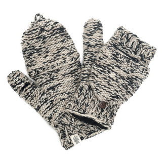 A pair of Bedford Fingerless Gloves with flap handmade in Nepal with a black and white marled pattern displayed on a white background.
