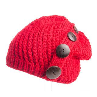 A red merino wool Four Button Knit Beret Cap displayed against a white background.