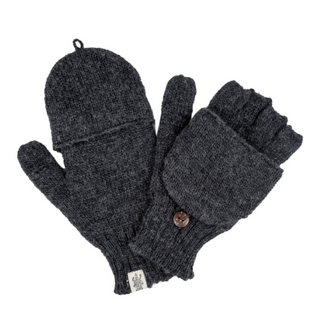 A pair of Bryant Fingerless Gloves with Flap in grey with natural ingredients-infused buttons.