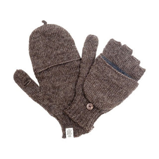 A pair of Bryant Fingerless Gloves with Flap made from natural ingredients on a white background.