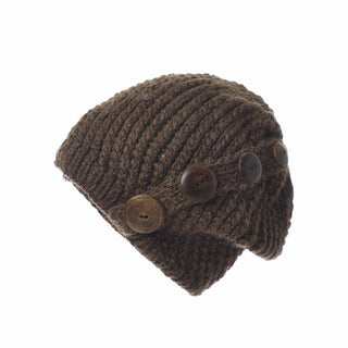 A brown Four Button Knit Beret Cap with wooden buttons on a white background.