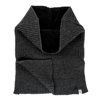 A gray Merino wool Mick Neckwarmer with a ribbed texture and a plush lining, laid flat on a white background.