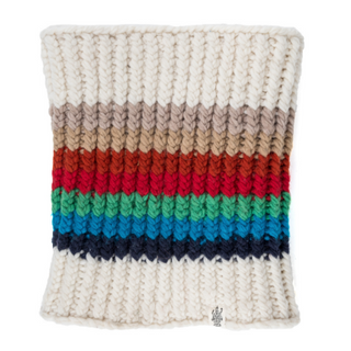 Sentence with product name replacement: Knitted fabric with horizontal stripes in various colors, predominantly white, with a section featuring red, green, and blue stripes, displayed against a white background. This handmade in Nepal Hi Fidelity Neckwarmer boasts warmth.