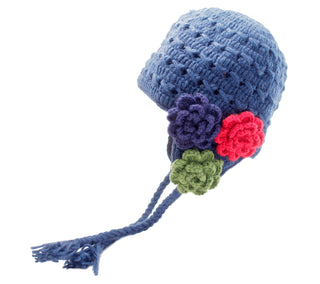Handmade in Nepal, Crochet 3 Flower Earflap hat with colorful flower appliqués and a braided tassel on white background.