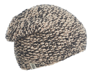 A handmade knitted beanie with black and brown stripes in a Marich Pattern Long Pull On Cap.