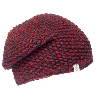 A handmade wool red and black knitted beanie with a Marich Pattern Long Pull On Cap on a white background.