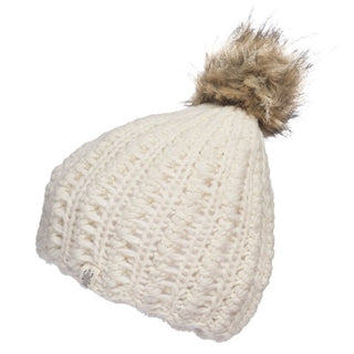 This is a white Layla Beanie, handmade in Nepal, with a fluffy pom-pom on top.