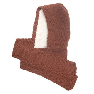 A brown knitted Champion Hood Scarf with sherpa fleece lining isolated on a white background.