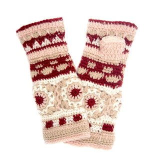 A pair of Dreams Crochet Handwarmers, handmade in Nepal, displayed against a white background.