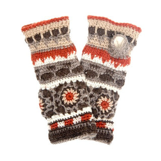 A pair of Dreams Crochet Handwarmers with a colorful striped and geometric pattern, handmade in Nepal, displayed on a white background.
