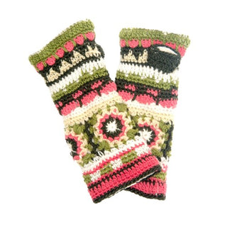 A pair of colorful, Dreams Crochet Handwarmers made of wool, displaying an intricate pattern on a white background.