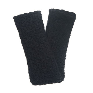 A pair of black, I See Stars Merino Handwarmers placed on a white background.