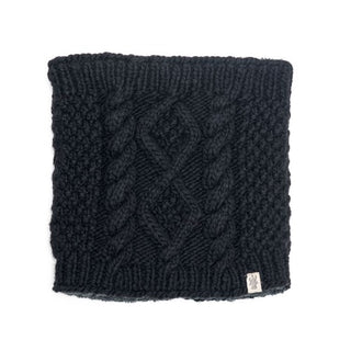 A black Margins Neckwarmer with a cable pattern and sherpa fleece lining, displayed against a white background.