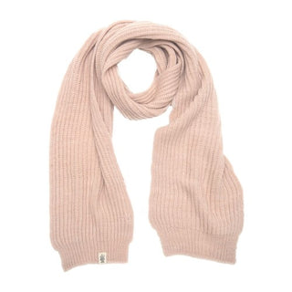 A handmade pink ribbed Laurent Scarf on a white background.
