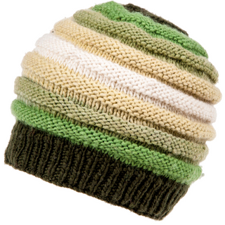 A stack of Round Gradient Merino Beanies in various shades of green and white, crafted in Nepal.