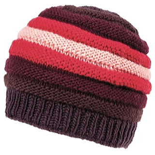 A handmade Round Gradient Merino Beanie with horizontal stripes in shades of maroon, pink, and black.