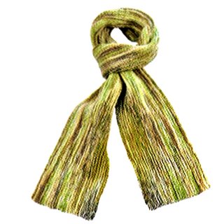 A handmade Marbled Scarf, crafted from merino wool in Nepal, with a green and yellow gradient pattern, tied in a knot.