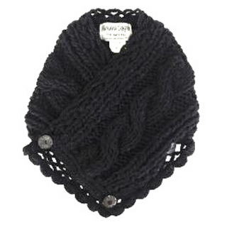 A black, hand-knit Soft Wool Rib Knit Pretty Neck Warmer with decorative buttons and a tag displaying the brand or size.