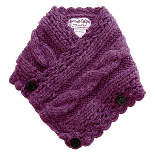 A Soft Wool Rib Knit Pretty Neck Warmer with a cable stitch pattern and two black buttons, displayed on a white background.
