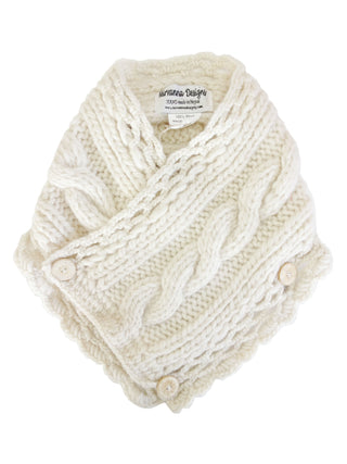 Hand-knit Soft Wool Rib Knit Pretty Neck Warmer with button details on a white background.