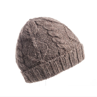 A brown merino wool Leaf Pattern Cap w/ Rib Fold, isolated on a white background.