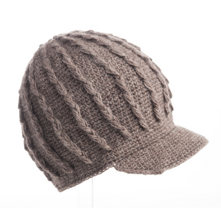 A brown handmade Nepal Knit Jockey Cap with a brim, displayed against a white background.