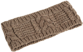 A handmade in Nepal, Merino Cable Headband with a cable stitch pattern displayed on a white background.