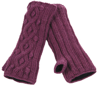 A pair of Tree Berry Handwarmers with cable stitch patterns, handmade in Nepal, displayed on a white background.