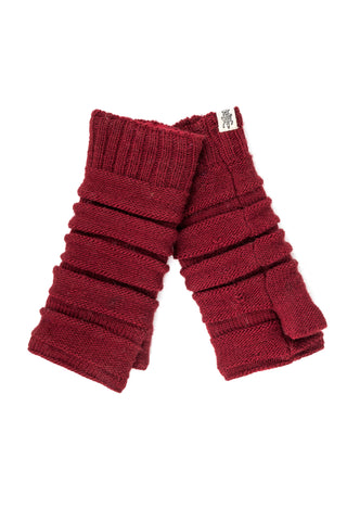 A pair of Reverse Step Handwarmers in burgundy wool on a white background, handmade in Nepal.