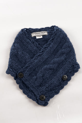 A Soft Wool Rib Knit Pretty Neck Warmer with a cable knit pattern and two black buttons, placed on a white background.